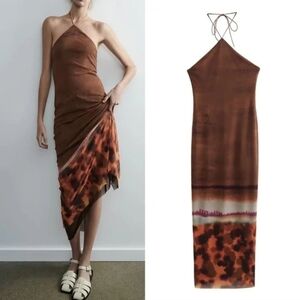 New Zara Tie Halter Sleeveless Printed Brown Midi Dress NWT Size Small